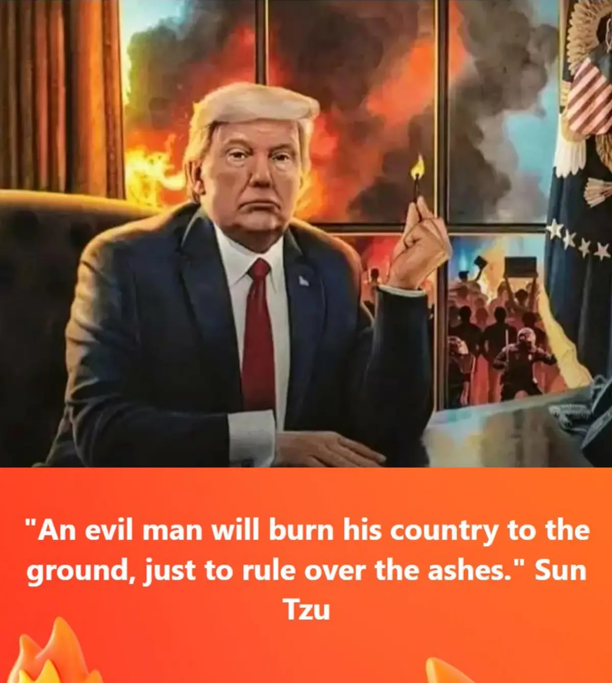 A digitally altered image shows a man resembling Donald Trump sitting at a desk, holding a lit match. Behind him, windows…