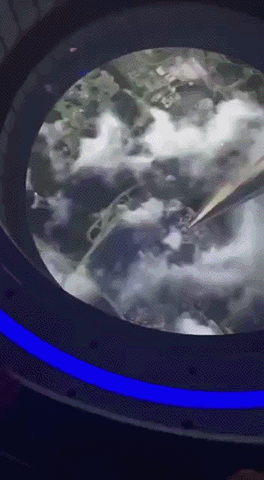 A sequence of three vertical panels showing views from inside a futuristic spacecraft or space station. The first panel…