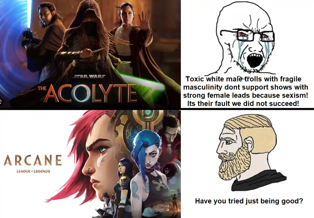 The image is a four-panel meme. Top-left shows a Star Wars poster for 'The Acolyte' with three female characters. Top-right…