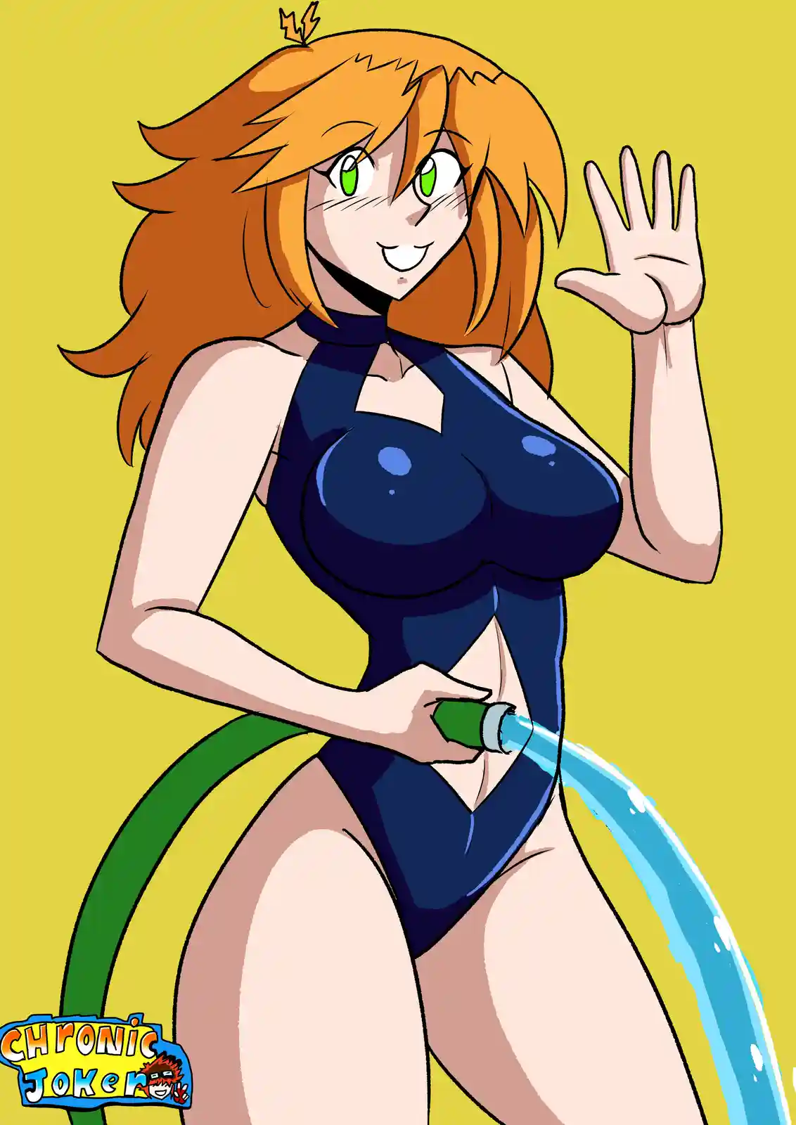 An anime-style illustration of a woman with orange hair and green eyes, wearing a blue swimsuit, holding a green garden hose…