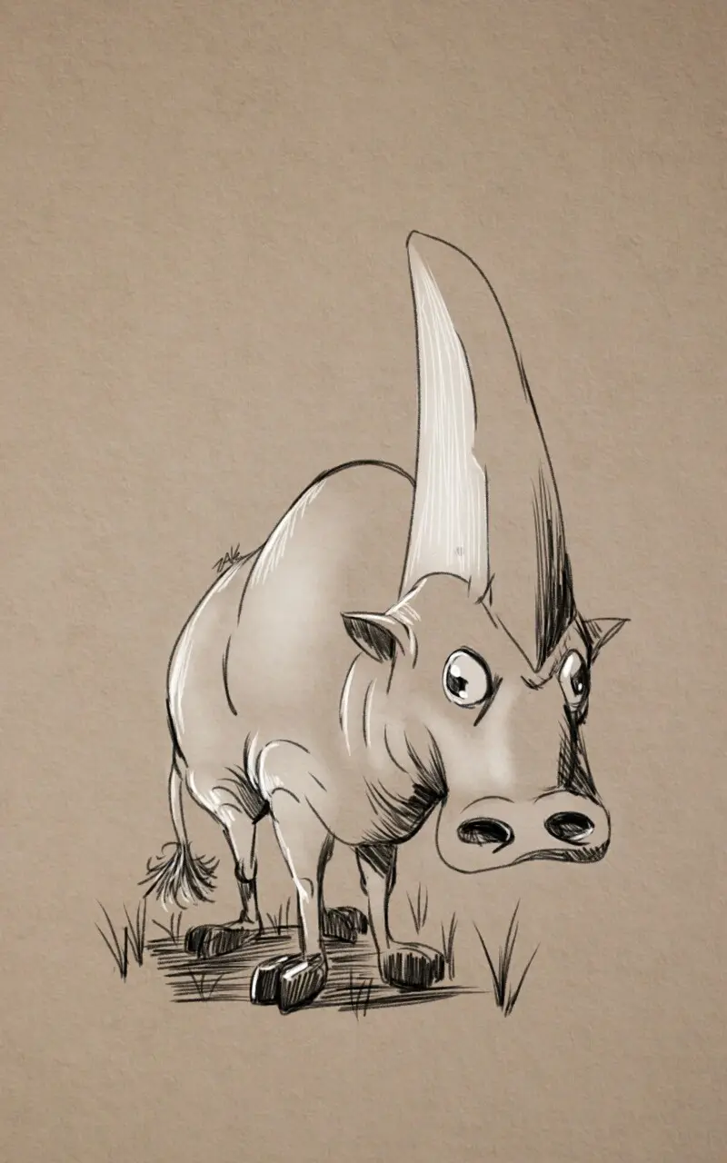 A pencil sketch of a cartoon rhino standing in grass, featuring an unusually large, tall, and pointed horn extending from…