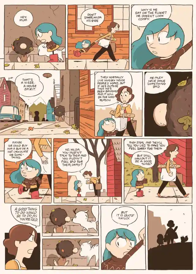 A comic strip panel shows a young girl with blue hair and her mother walking outside. The girl notices a small, round, brown…