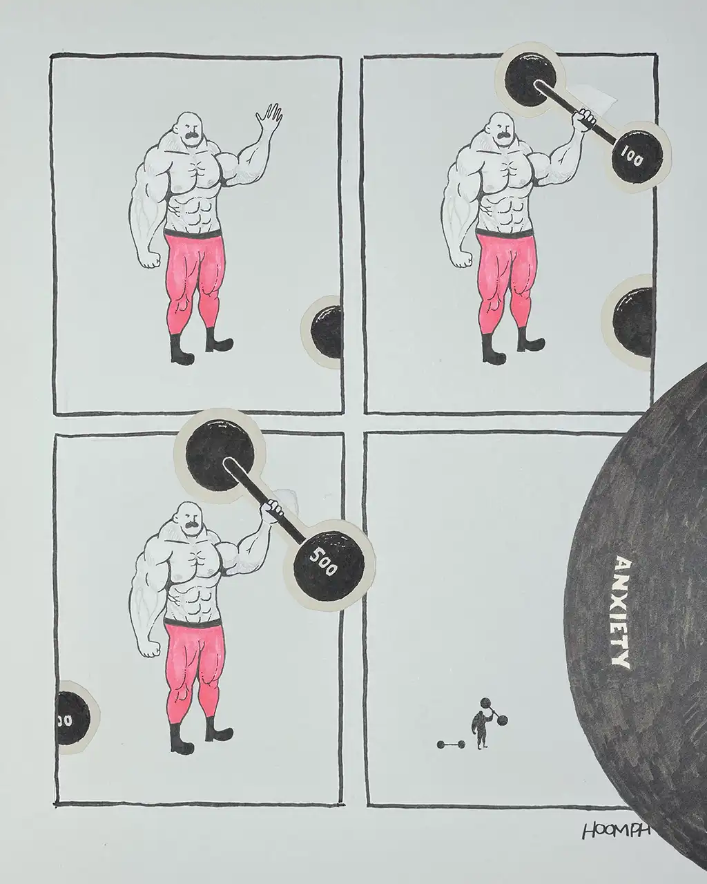 A four-panel comic strip shows a muscular man progressively adding weight plates to a barbell, starting with 100, then 500…
