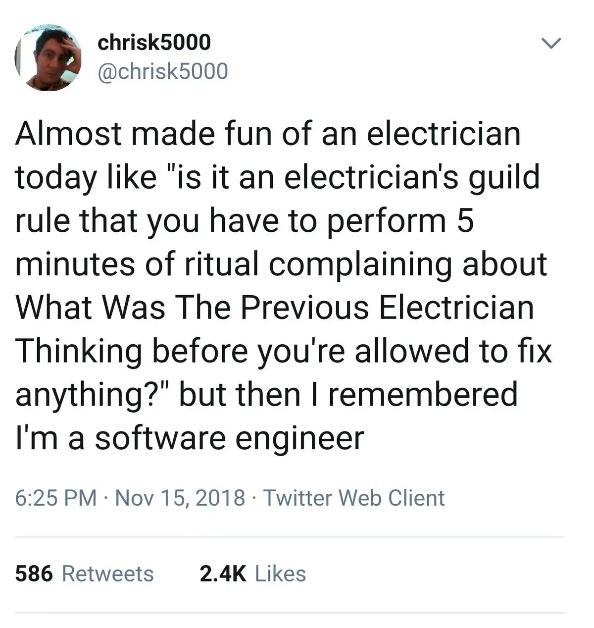 The image is a screenshot of a Twitter post by user chrisk5000. The post's text humorously describes a near-moment of…