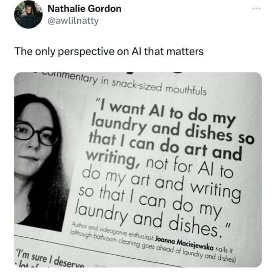 A black-and-white image shows a woman with glasses looking at the camera, overlaid with a quote attributed to Joanna…