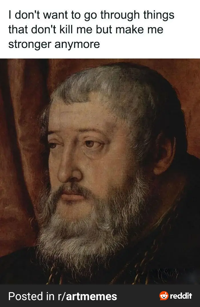 A classical portrait of a bearded man with a somber, weary expression, overlaid with the text 'I don't want to go through…