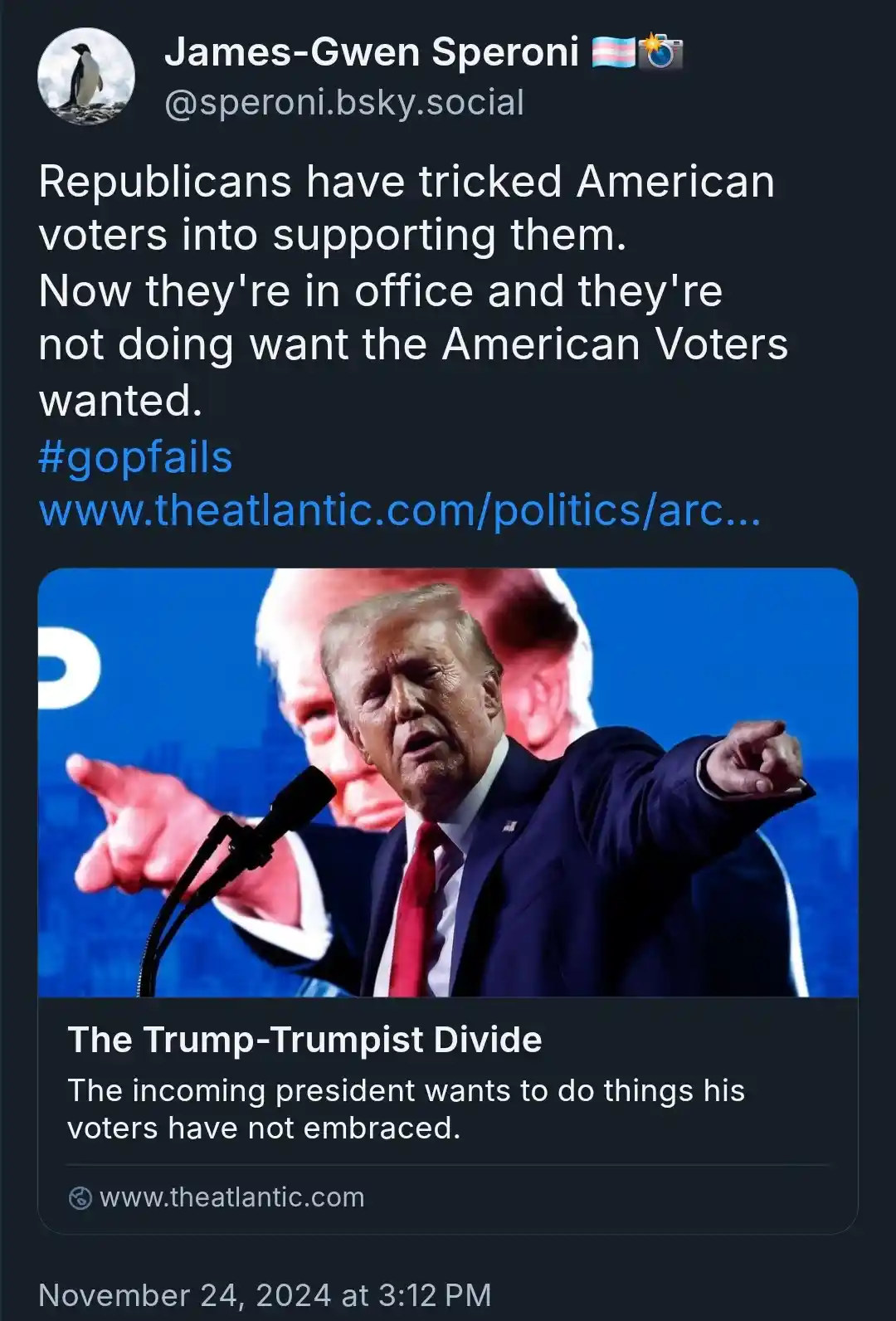 A screenshot of a social media post by James-Gwen Speroni featuring a photo of Donald Trump pointing at a microphone. The…