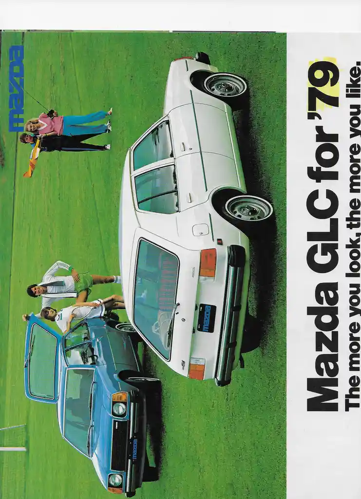 A vintage Mazda car advertisement featuring two cars, a white Mazda GLC and a blue Mazda, parked on a green field. Several…