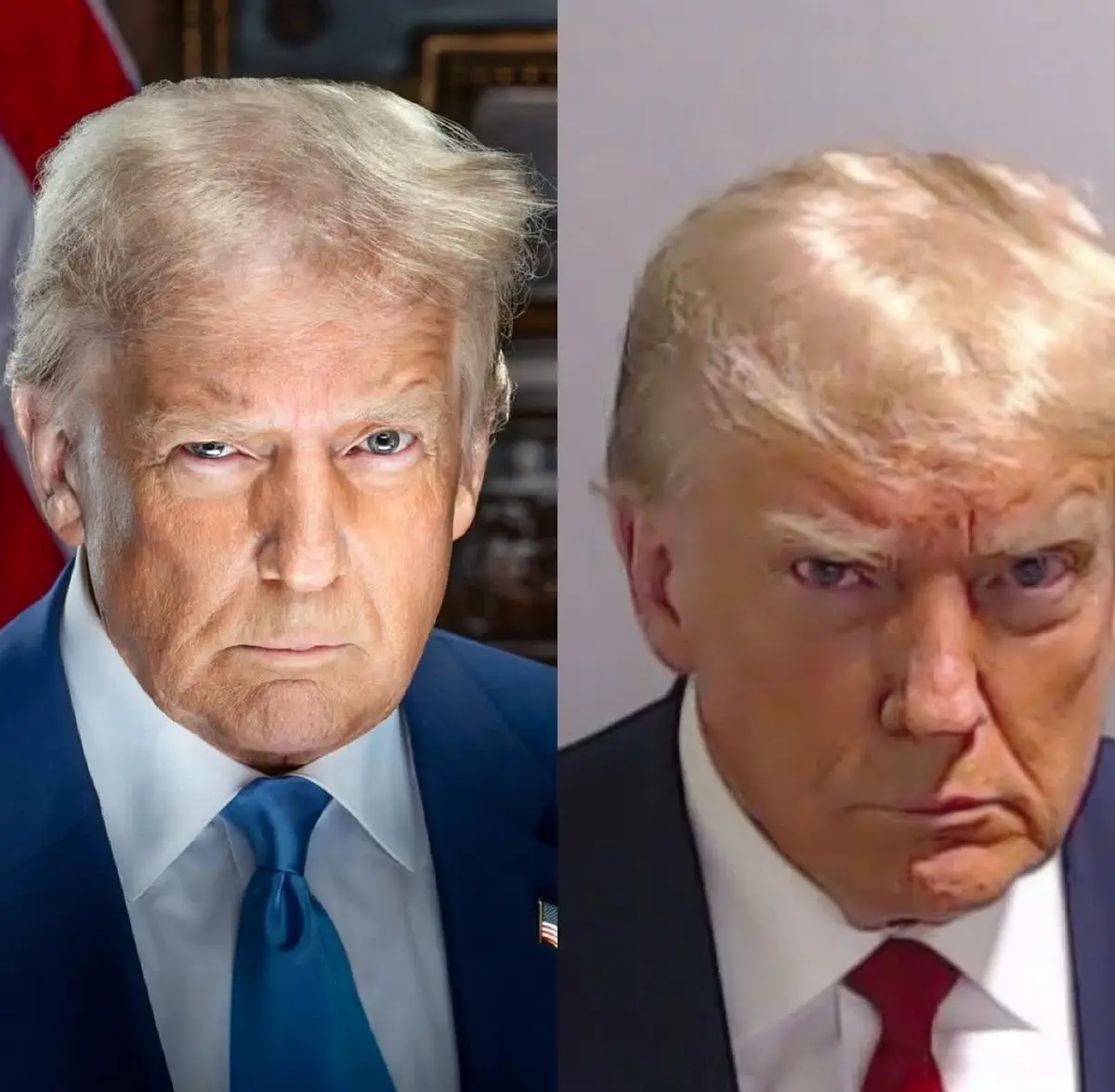 The image displays two side-by-side photos of Donald Trump. The left photo shows him in a formal setting wearing a blue suit…