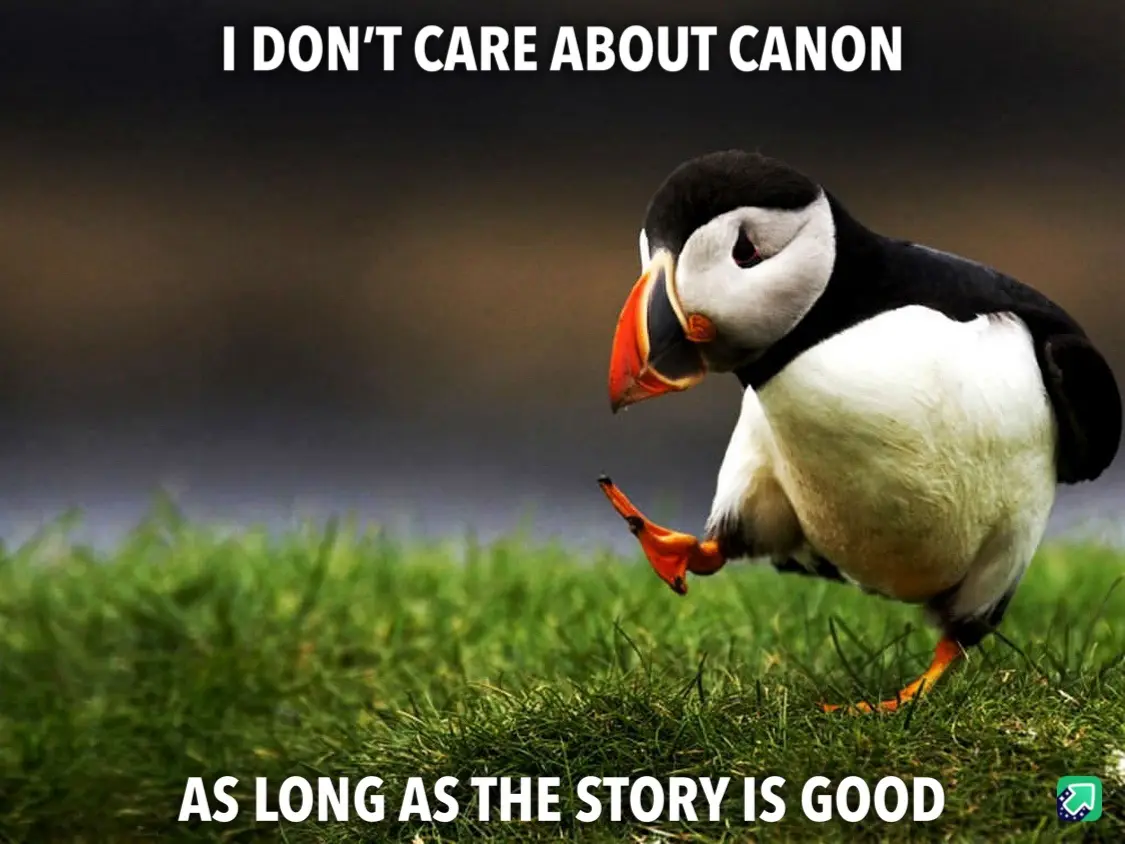 A puffin stands on green grass with one foot lifted, looking down with a dismissive expression. White bold text at the top…