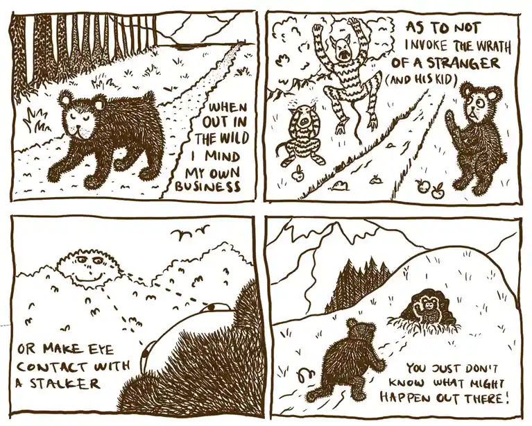 A four-panel comic strip in brown ink shows a bear walking through the woods, then encountering a person and child in a…