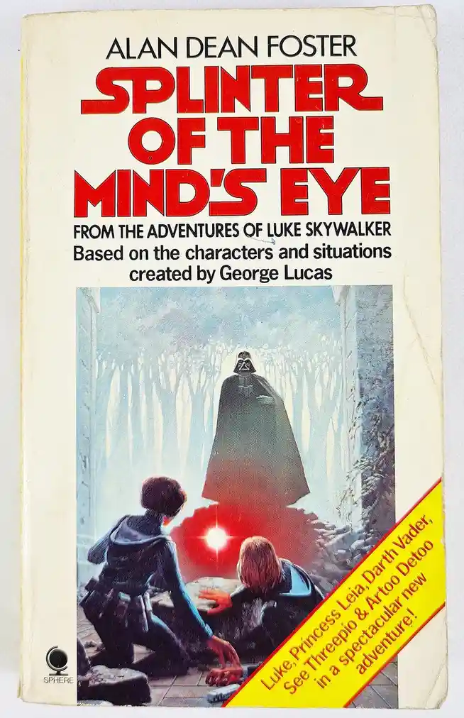 The image shows the cover of the 1980s paperback book 'Splinter of the Mind's Eye' by Alan Dean Foster. The cover art…