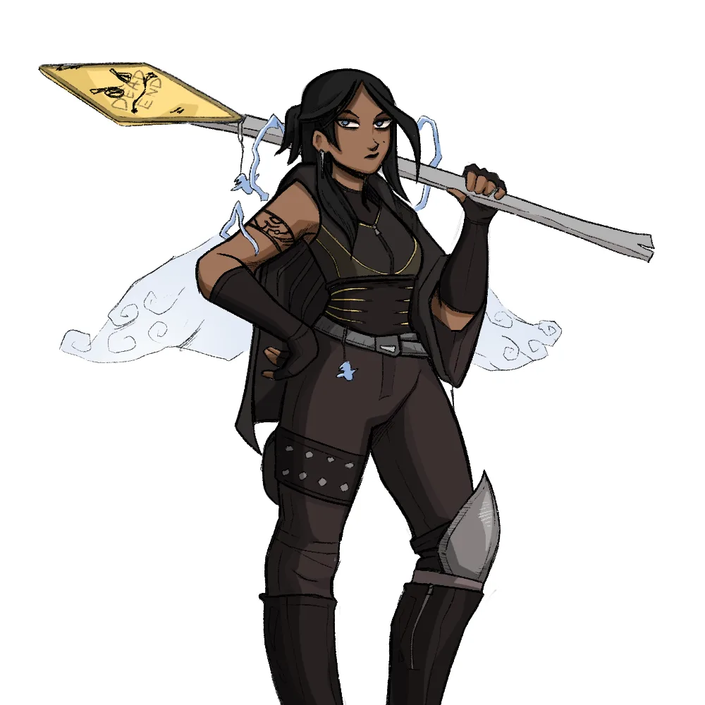 A dark-skinned woman with long black hair, wearing black tactical gear and a belt with a blue bird pendant, stands…