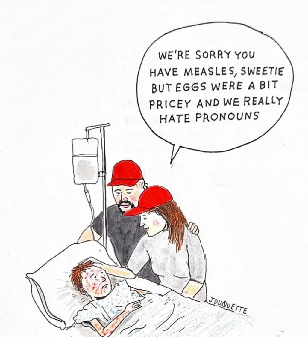 A hand-drawn cartoon shows a sick child with measles lying in a hospital bed, flanked by two adults in red caps. An IV drip…