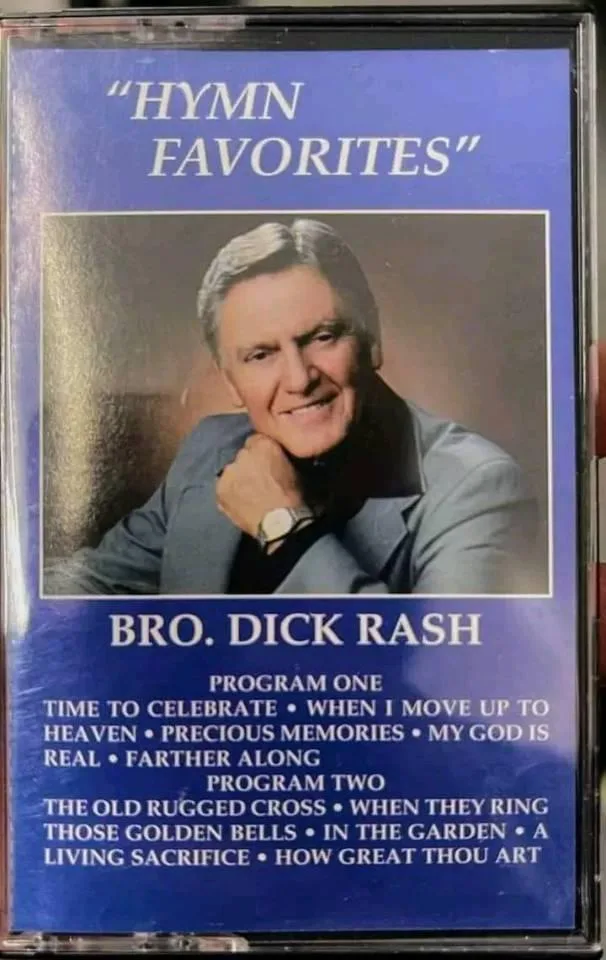 A vintage cassette tape cover for 'Hymn Favorites' by Bro. Dick Rash, featuring a photo of a smiling older man in a suit…