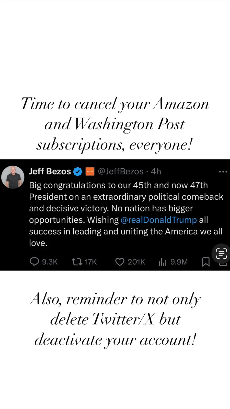 The image displays a screenshot of a tweet from Jeff Bezos congratulating Donald Trump on his political comeback and…