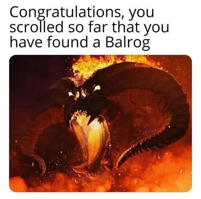 The image shows a menacing, fiery Balrog from Middle-earth, depicted with large horns, glowing eyes, and a massive, open…
