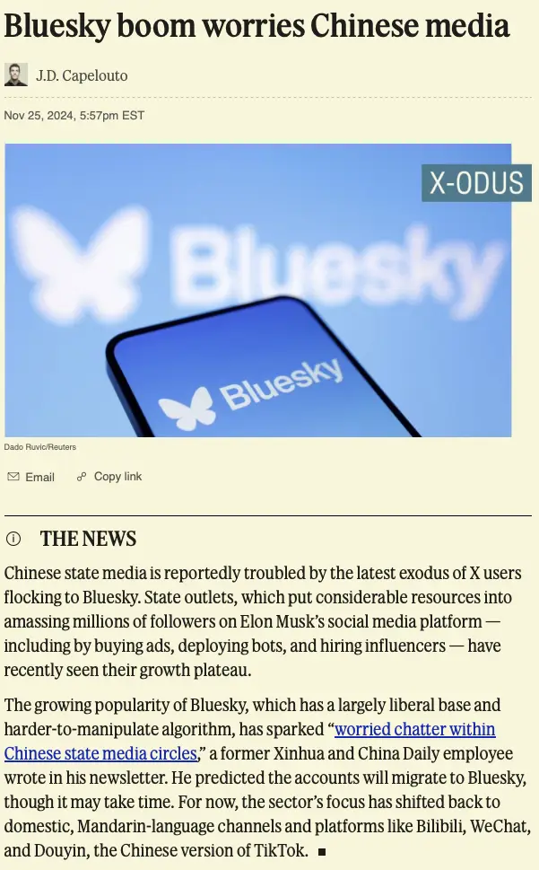 A screenshot of a news article titled 'Bluesky boom worries Chinese media' by J.D. Capelouto, dated Nov 25, 2024. The…
