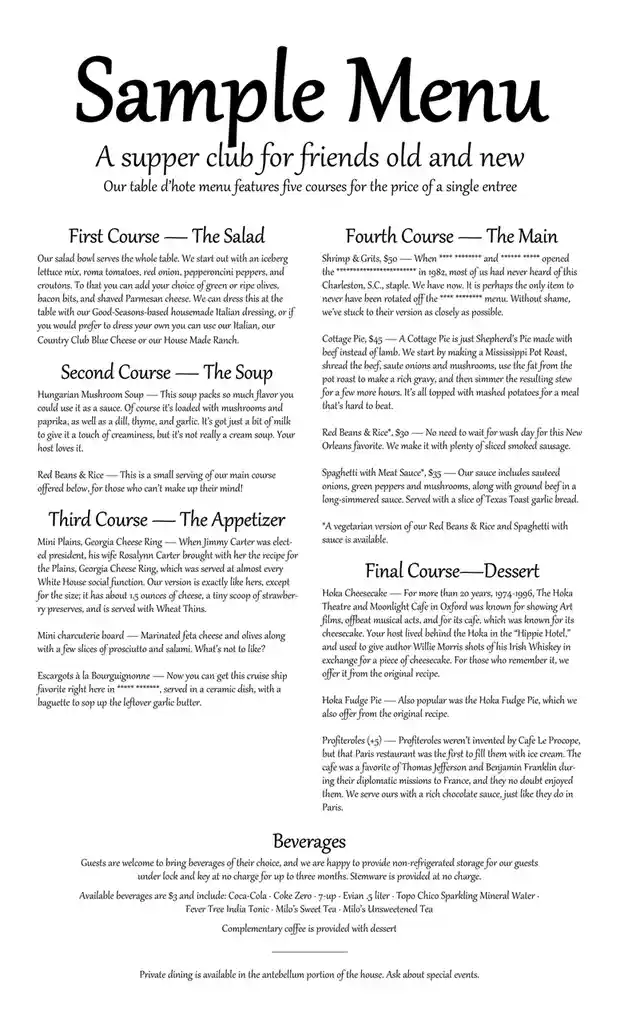 A black-and-white image displays a 'Sample Menu' for a supper club, listing five courses with detailed descriptions and…