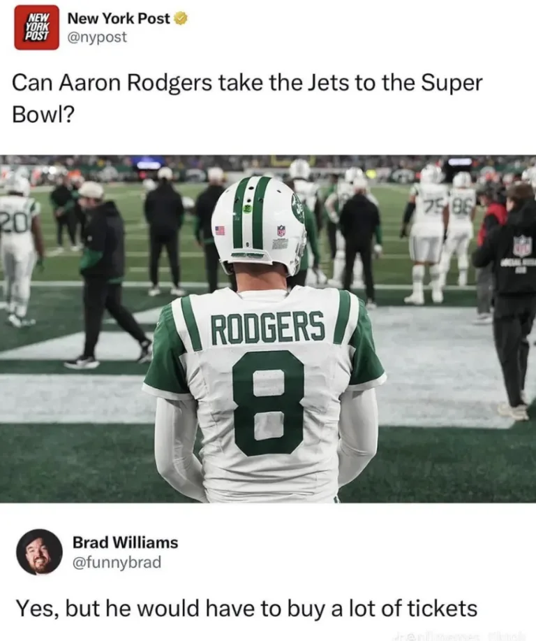 A photo shows Aaron Rodgers from behind, wearing a New York Jets jersey with the name 'RODGERS' and number '8' on the back…