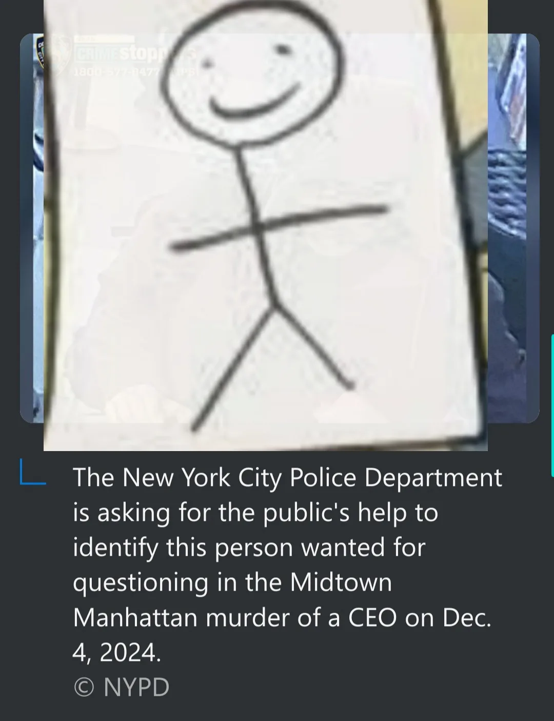 The image displays a simple stick figure drawing of a smiling person, overlaid with a police 'Wanted' notice text. The text…