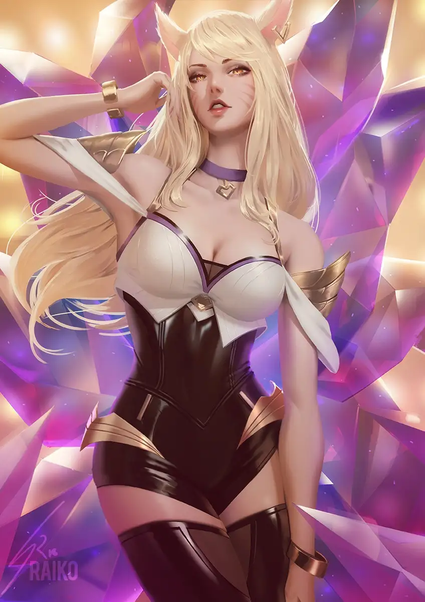 A stylized anime illustration of a blonde woman with fox ears and a confident pose, wearing a black and white outfit with…