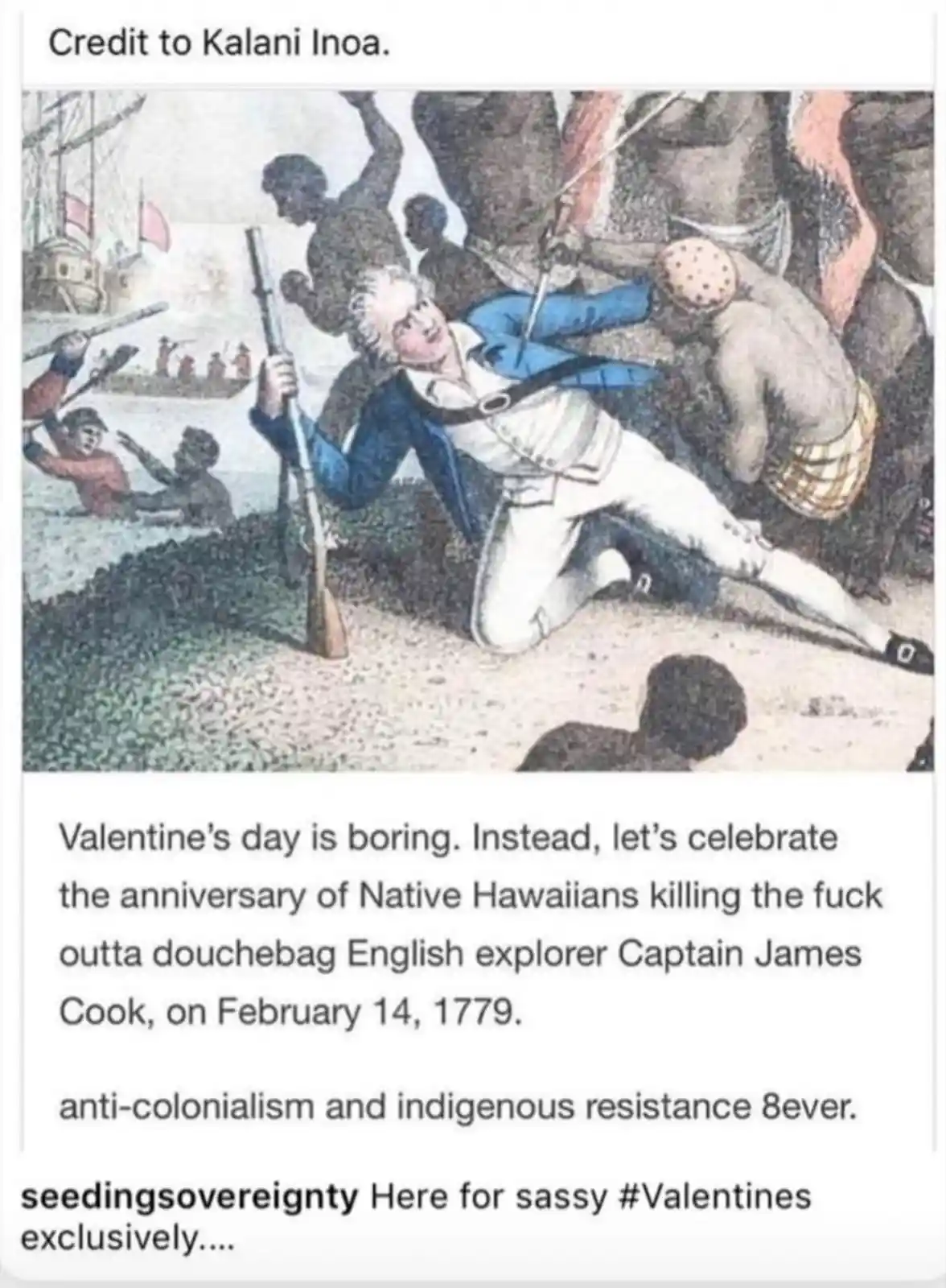 An old historical illustration depicts a European explorer in a blue coat and white breeches being attacked by indigenous…