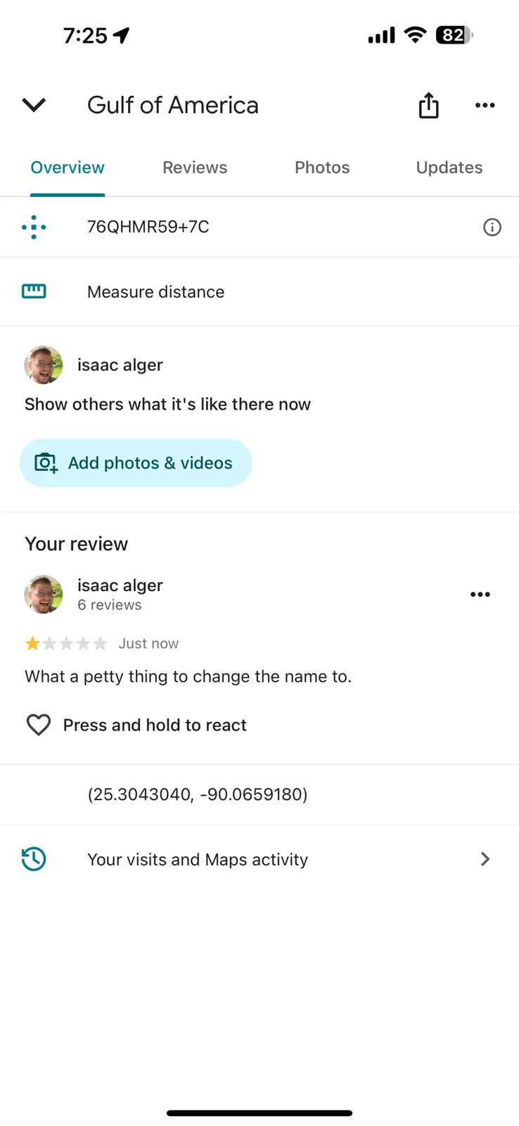A screenshot of a Google Maps review page for a location named 'Gulf of America'. The user 'isaac alger' has just posted a…