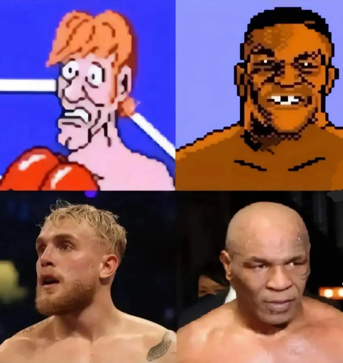 The image is a four-panel meme. Top left shows a pixelated, terrified cartoon boxer with red hair and red gloves. Top right…