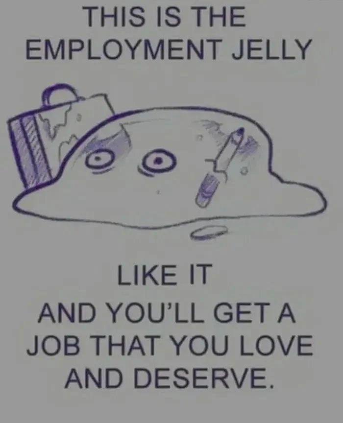 A hand-drawn, purple-outlined cartoon jelly with a sad face, a briefcase, and a pen stuck in it. The text above reads 'THIS…