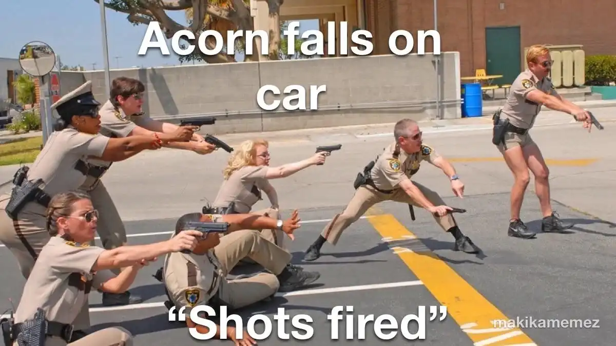 A group of police officers in tan uniforms are shown in various shooting stances on a paved lot, all aiming handguns. The…