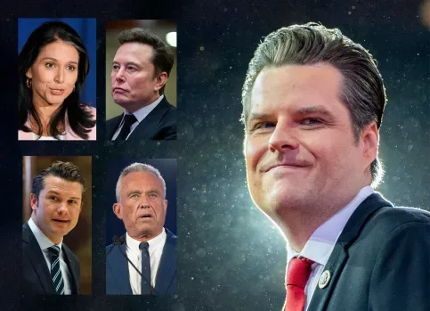 The image displays four smaller portraits of prominent public figures—Elon Musk, a woman with dark hair, a man with short…
