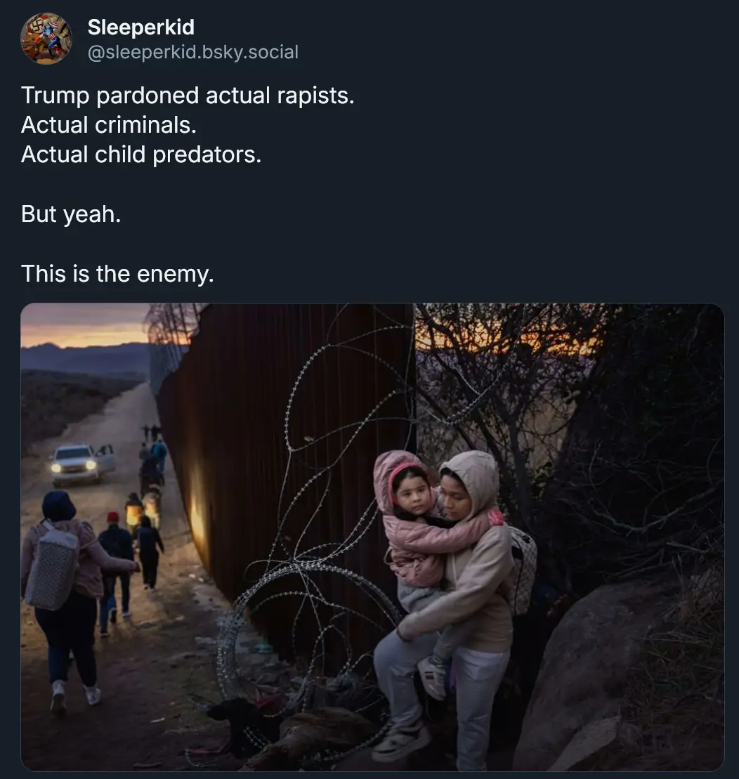 A screenshot of a social media post shows a photo of a woman carrying a child near a barbed-wire fence at dusk, with other…