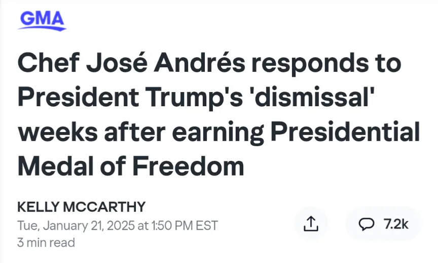 A screenshot of a GMA news article headline stating 'Chef José Andrés responds to President Trump's 'dismissal' weeks after…