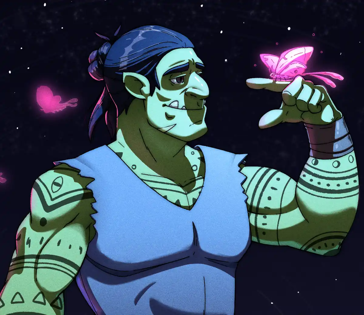 A muscular, green-skinned, cartoonish orc-like character with tattoos and a blue headband gently holds a glowing pink…