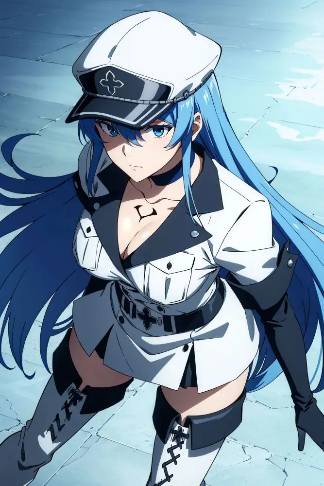 An anime-style illustration of a woman with long blue hair wearing a white and black uniform with a cap, belt, and…