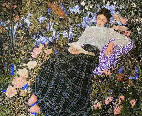 A woman in a white blouse and plaid skirt sits among lush, colorful flowers and birds, holding a book, with overlaid text…