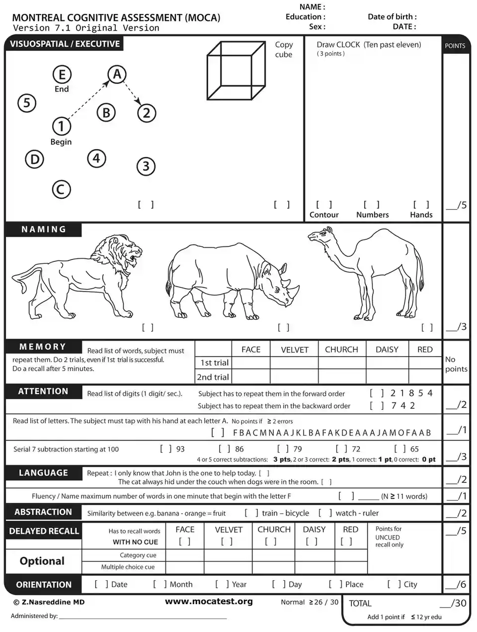 The image displays a Montreal Cognitive Assessment (MOCA) test form, Version 7.1, with various cognitive tasks including…