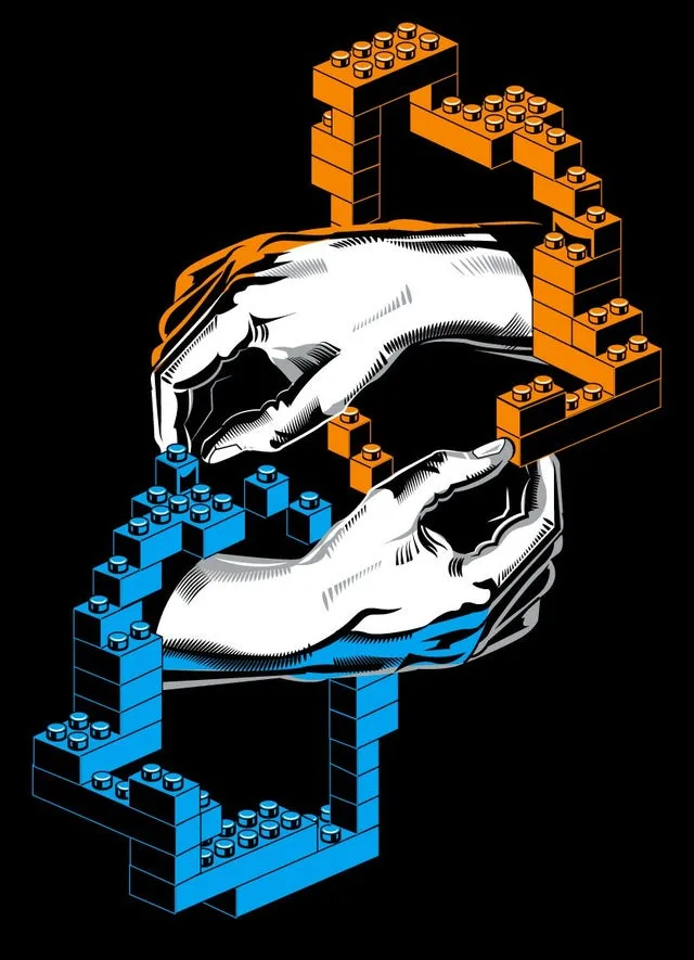 Two stylized hands, one above the other, are constructing the letters 'S' and 'D' out of orange and blue Lego bricks against…
