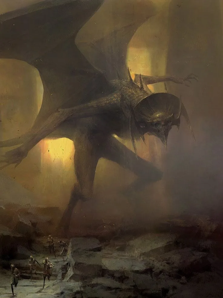 A dark fantasy painting depicts a massive, winged, demonic creature looming over a small group of tiny adventurers below…