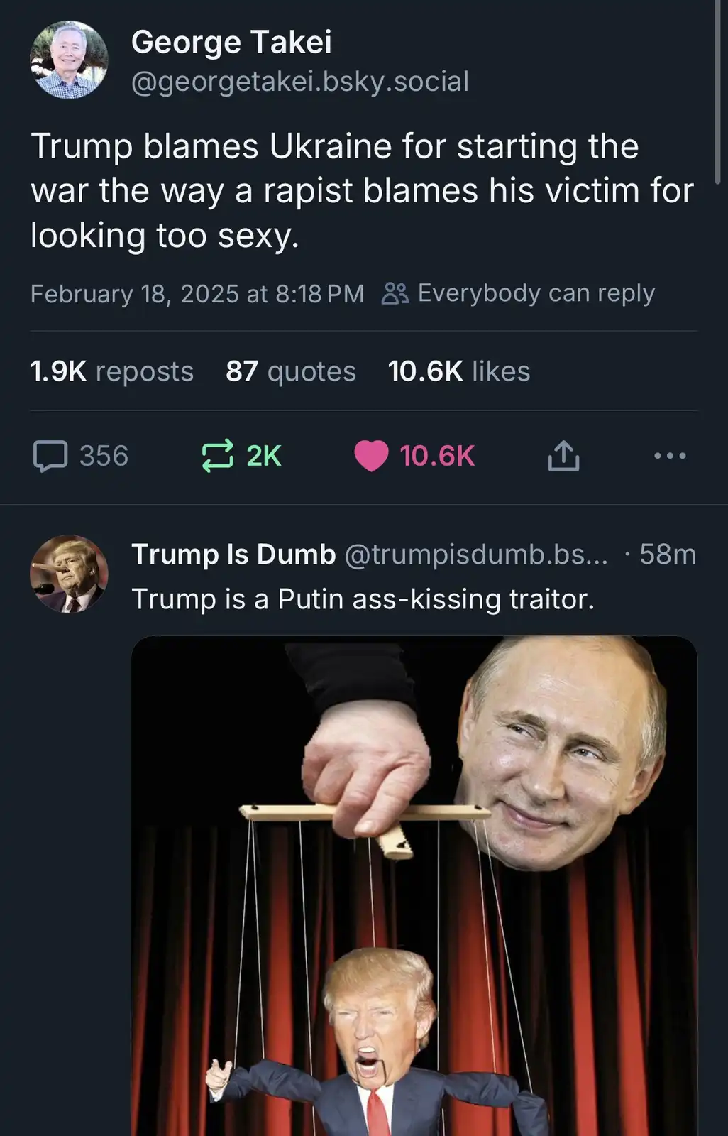 The image shows a puppet of Donald Trump with his mouth open in an angry expression, being controlled by strings held by a…