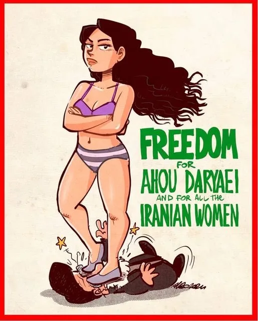 A cartoon illustration shows a woman in a purple bikini top and striped bottoms standing with arms crossed, looking down at…