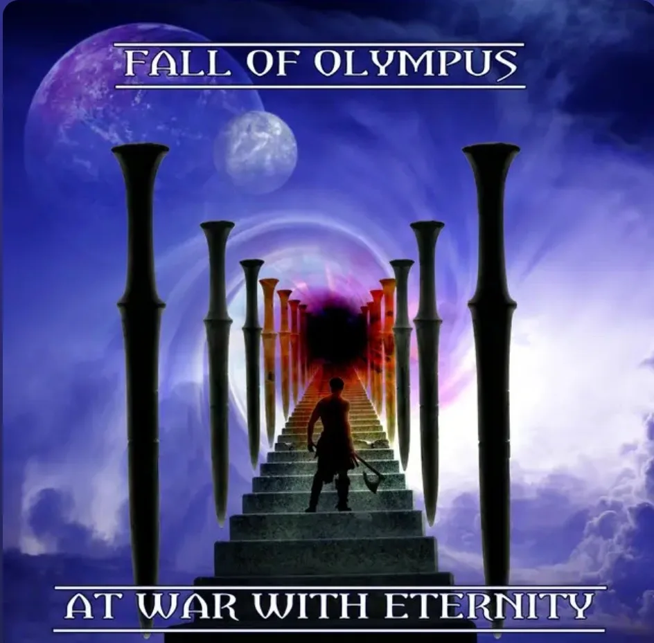 A silhouette of a warrior stands at the bottom of a long stone staircase flanked by giant, upright spears or swords…