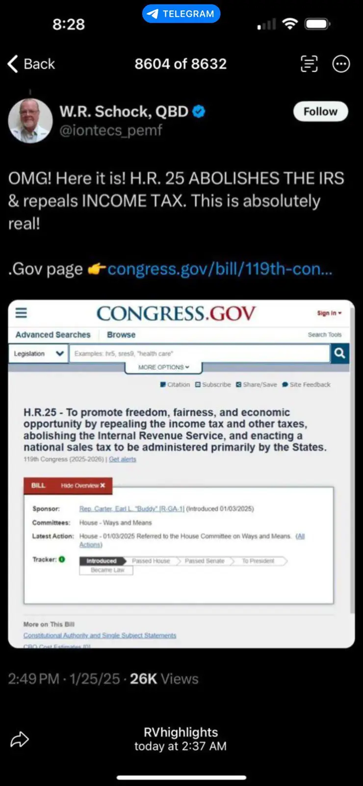 A screenshot of a Telegram post by W.R. Schock, QBD, showing a screenshot of the congress.gov website displaying bill H.R…