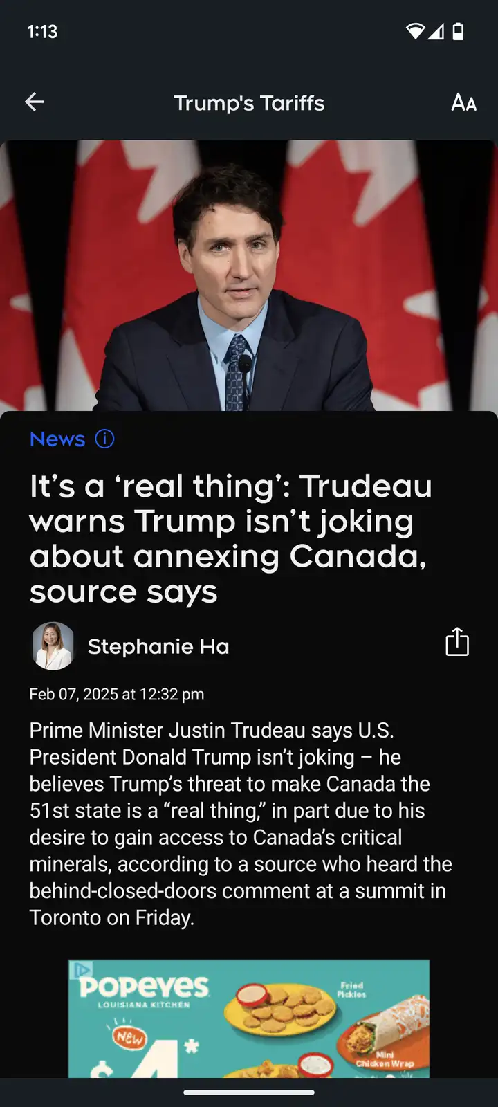 A screenshot of a news article about Canadian Prime Minister Justin Trudeau warning that U.S. President Donald Trump isn't…