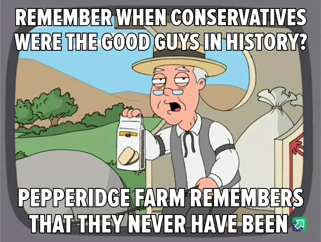 A cartoon image of an elderly man in a straw hat and vest holding a Pepperidge Farm bread box, with a rural background. The…