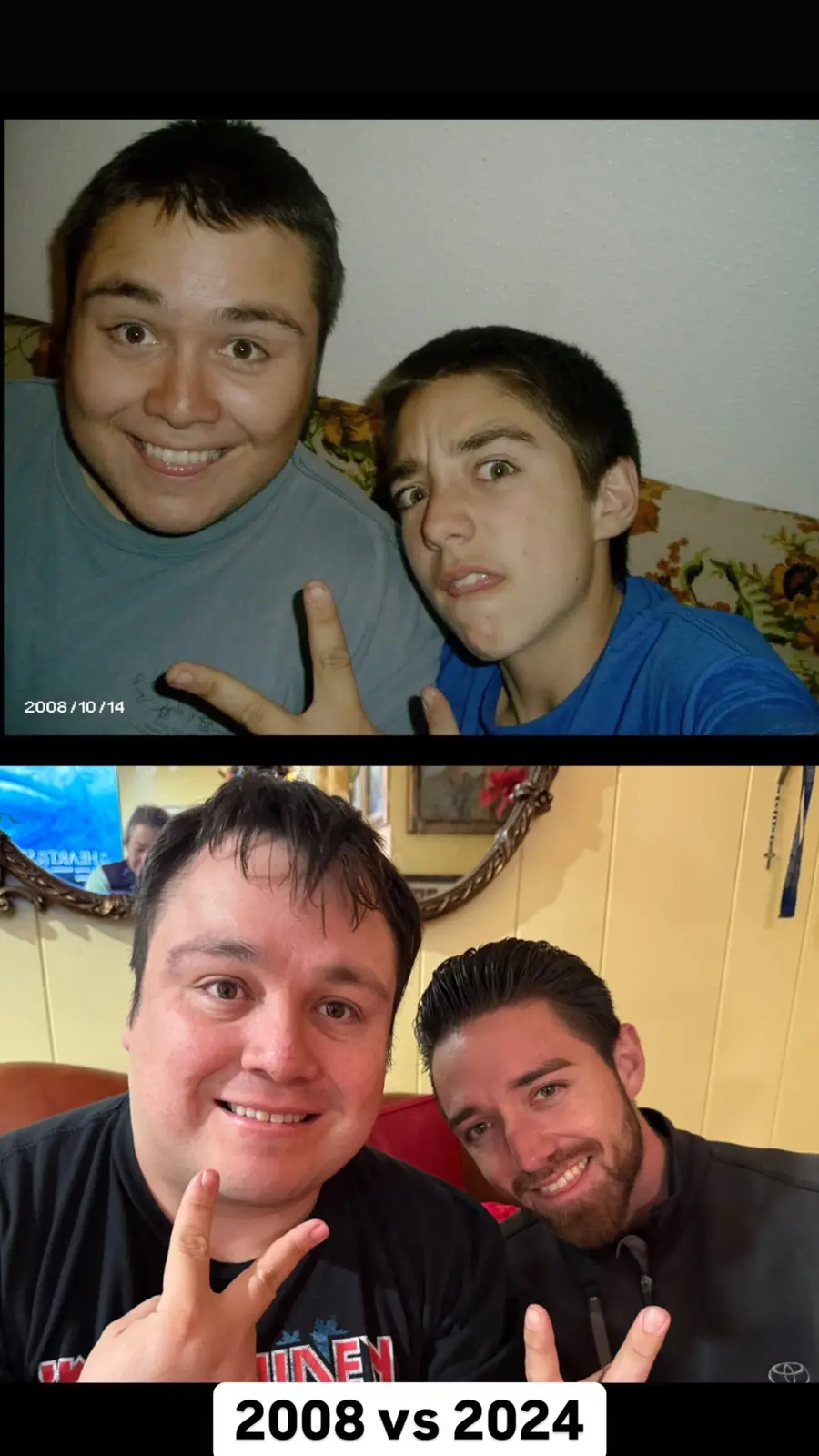 Two photos show the same two men in 2008 and 2024, both making peace signs. In the top photo dated 2008/10/14, the man on…