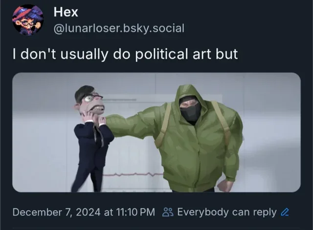 A screenshot of a social media post by 'Hex' showing an animated image where a small man in a suit is being choked by a…