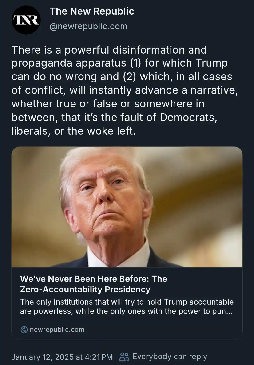 A screenshot of a tweet from The New Republic featuring a photo of Donald Trump looking serious. The tweet text criticizes a…