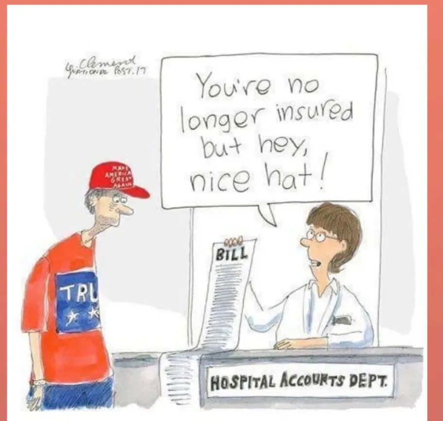 A cartoon depicts a man wearing a red 'Make America Great Again' hat and a red shirt with 'TRU' and stars, standing at a…